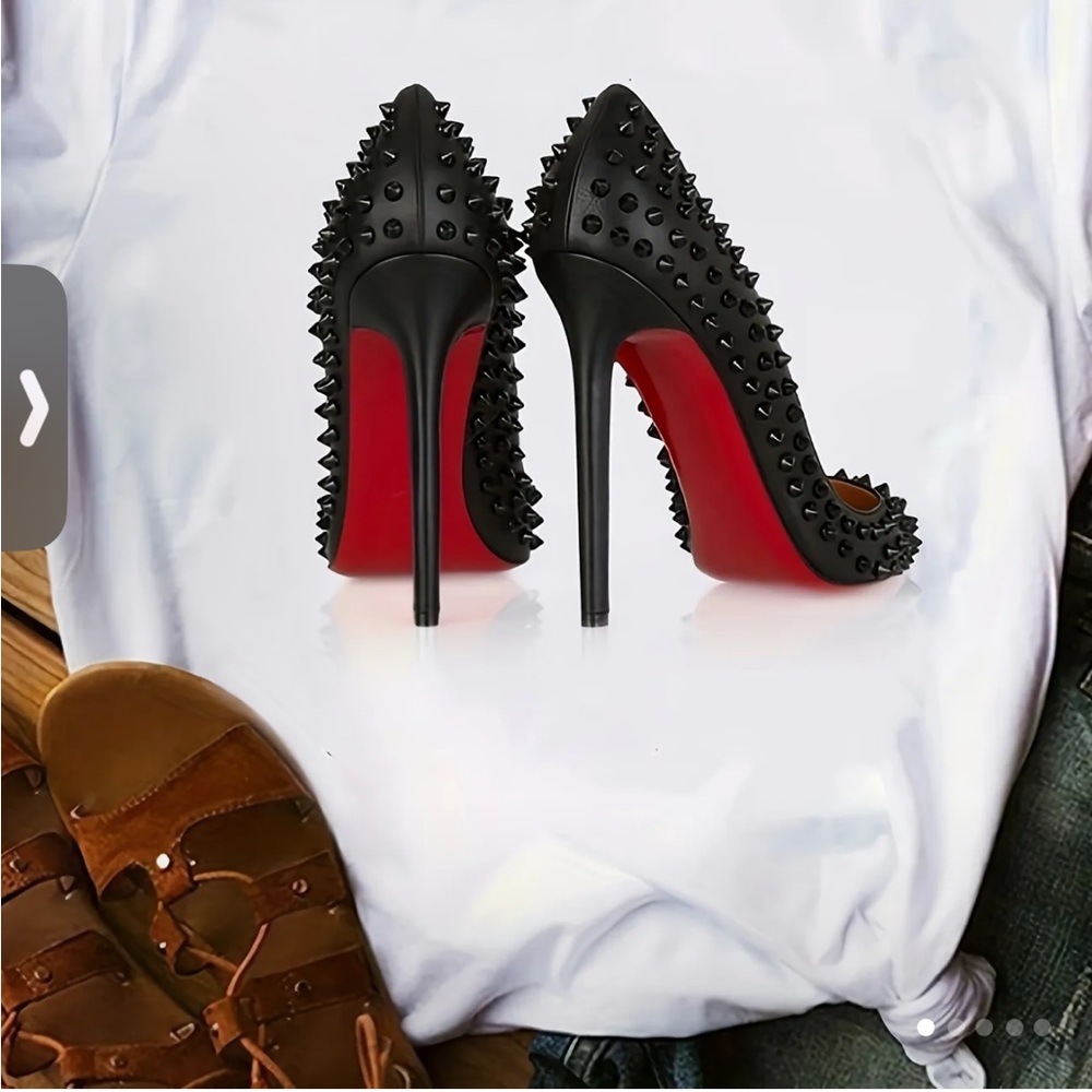 Women's Black and Red Spiked Stiletto Heels Tee Shirt - Picture 2 of 2